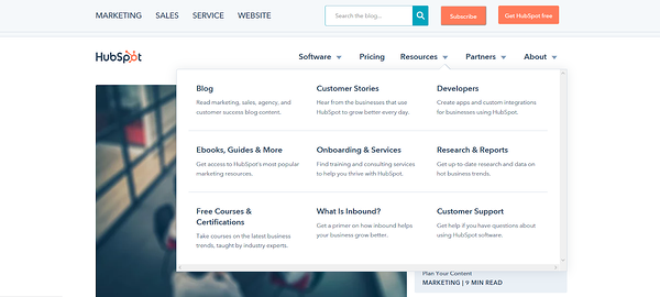 HubSpot blog Resources mega menu with nine headed sections and links.